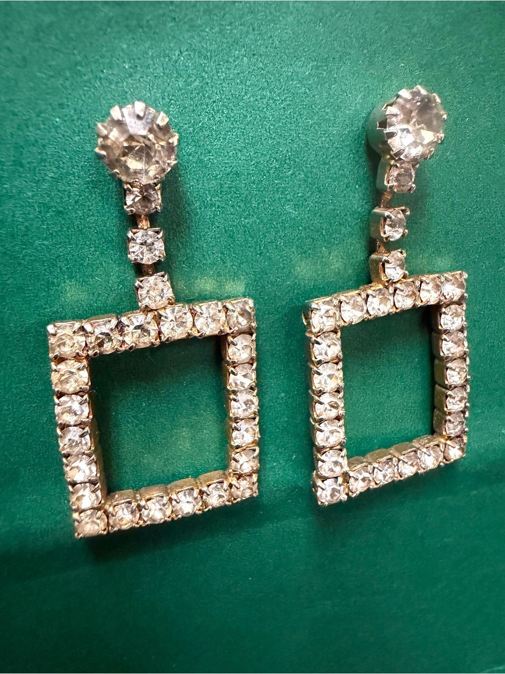 Vintage Crystal Square Drop Earrings - Clear Rhinestone Dangle